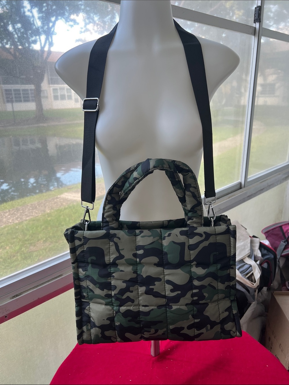 Quilted Camo Messenger Bag with Detachable Strap - Green Camo